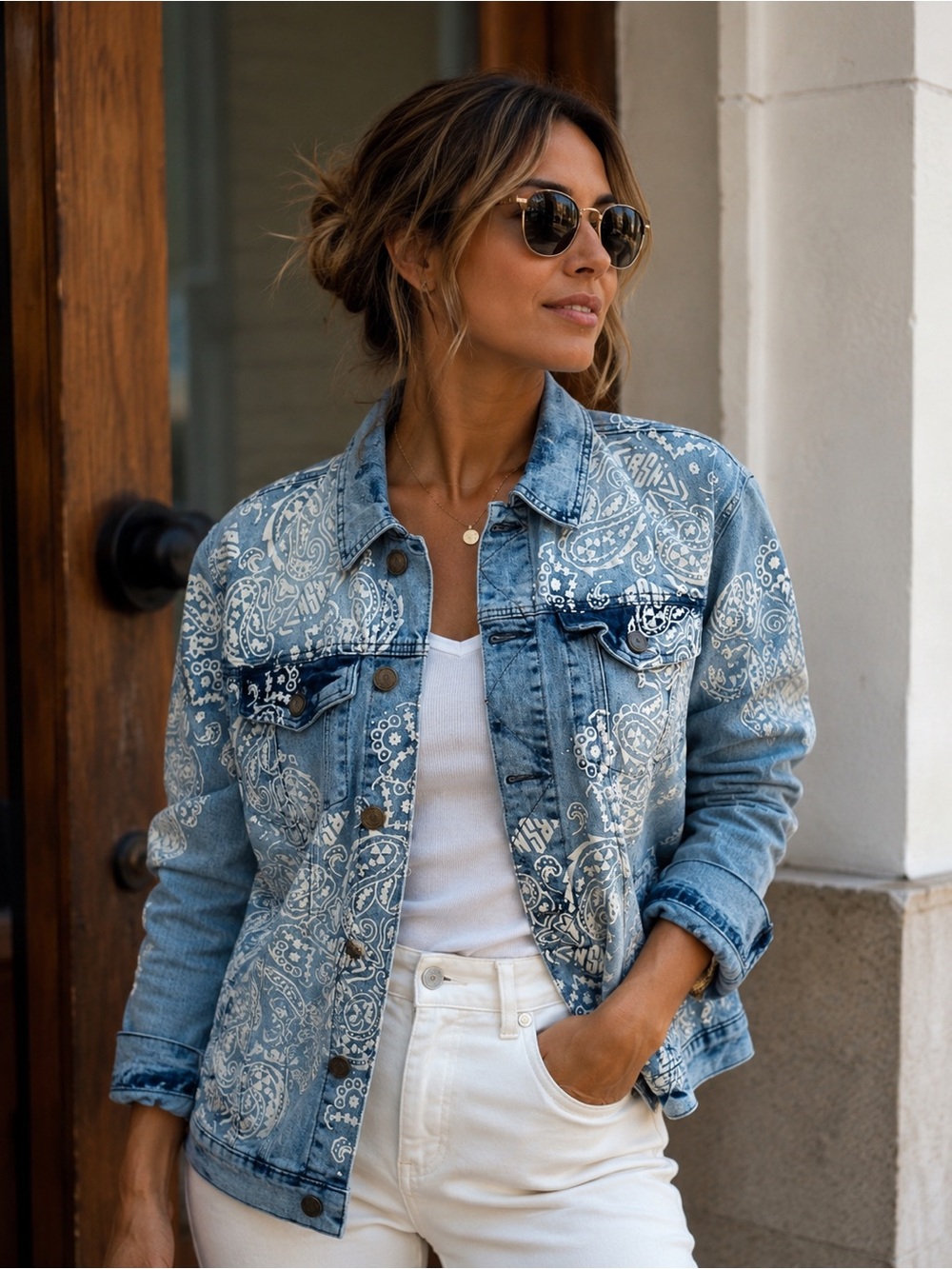 Reason Light Blue Wash Paisley Allover Print Denim Trucker Jacket Coat Sz Large - Picture 3 of 14